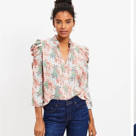 Loft Garden Cinched Sleeve Ruffle Tie Neck Mixed Media Top in Sandy Cove - Picture 15 of 16